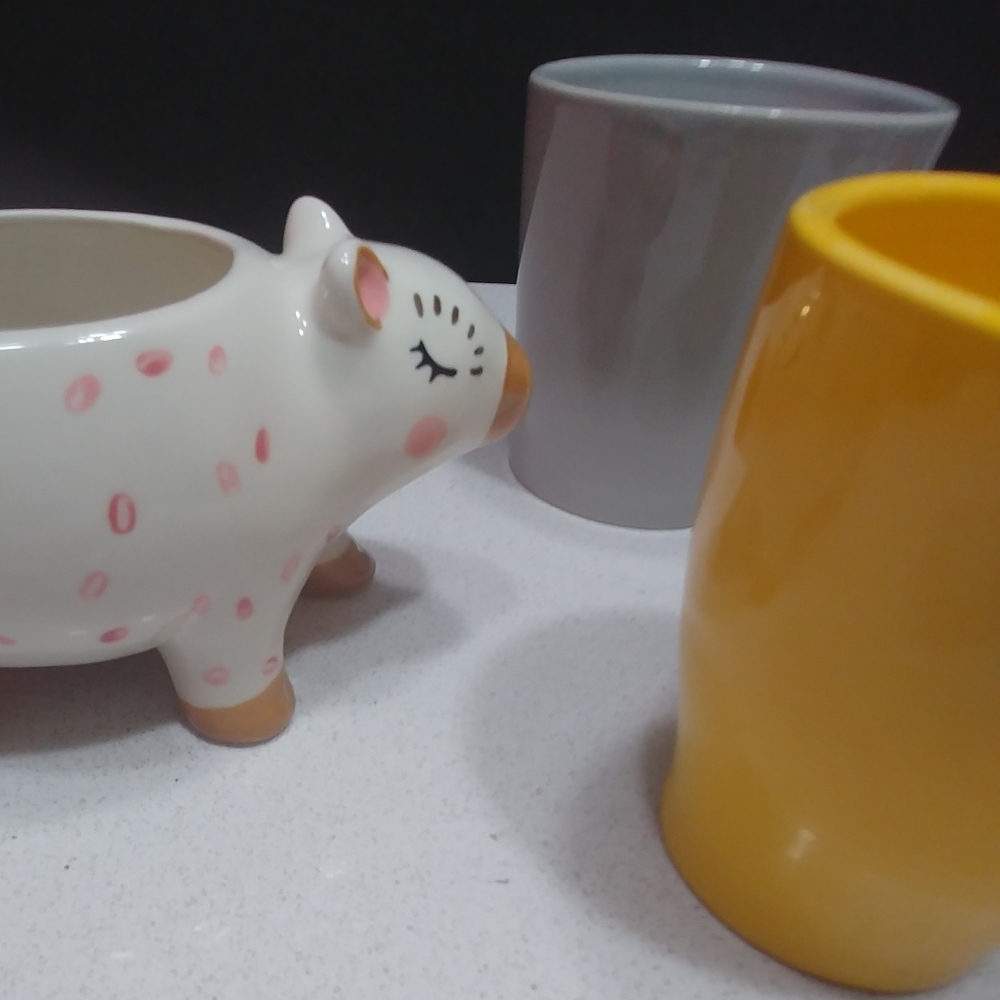 Set of 3 planters  Yellow made in Germany, Mama Bear polka dot bear, and gray